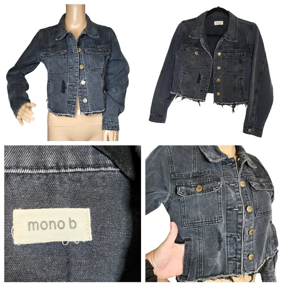 Mono b charcoal distressed jean jacket. - Picture 1 of 17